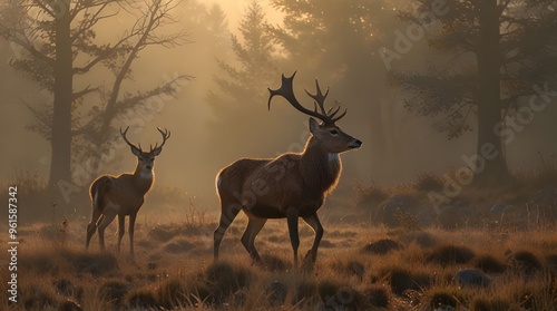 A heartwarming scene of a stag and its fawn sharing a nuzzle in a misty, golden landscape that epitomizes the bond between parent and offspring in the wild. generative.ai