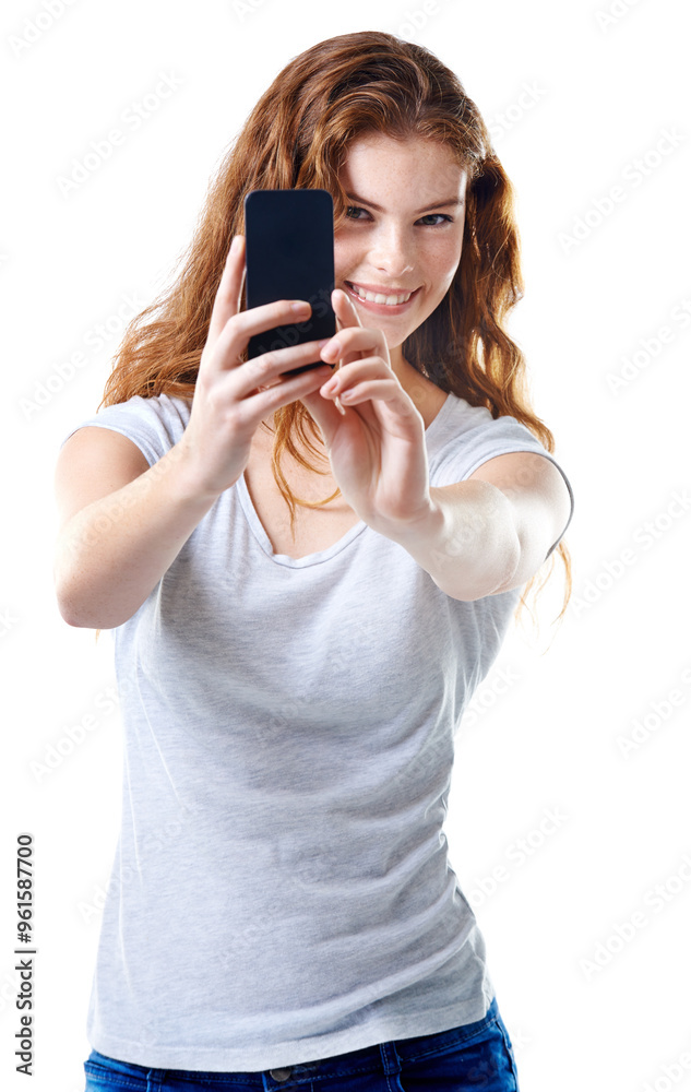 Studio, cellphone and happy woman for social media picture for online dating profile. Smile, portrait and gen z female model browsing on smartphone, internet or website isolated on white background Studio, cellphone and happy woman for social media picture for online dating profile. Smile, portrait and gen z female model browsing on smartphone, internet or website isolated on white background