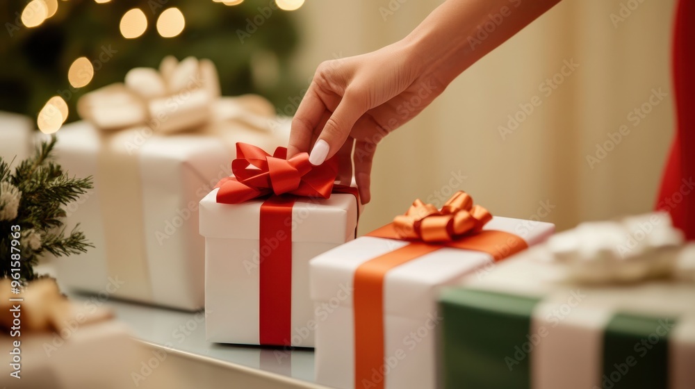 Holiday Season Gift-Giving: Hand Placing Present by Christmas Tree Holiday Season Gift-Giving: Hand Placing Present by Christmas Tree