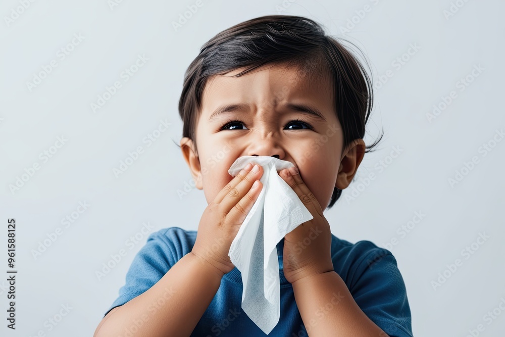 Child Sneezing with Tissue Against Bright White Background Symbolizing Cold and Allergies Child Sneezing with Tissue Against Bright White Background Symbolizing Cold and Allergies