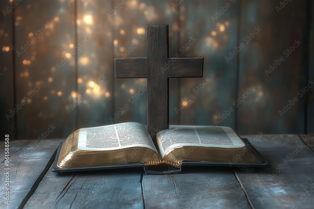 Wooden cross and bible on wooden table Wooden cross and bible on wooden table