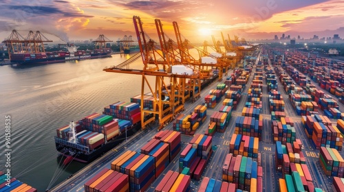 Aerial view of a busy container port with vibrant shipping containers and cranes during sunset, showcasing global trade and logistics.