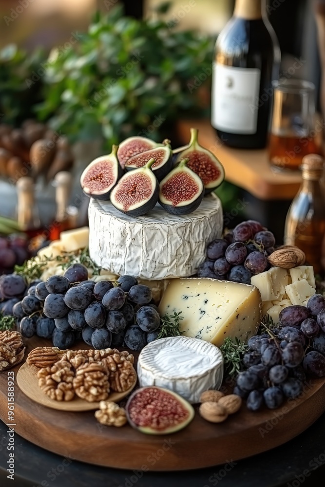 Fresh figs are beautifully paired with a variety of cheeses, nuts, and grapes on a wooden platter Fresh figs are beautifully paired with a variety of cheeses, nuts, and grapes on a wooden platter