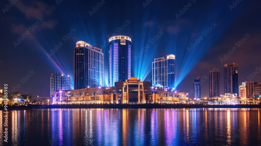 Obraz premium Duba Festival City illuminated at night, showcasing the Hotel Crowne Plaza and Hotel Intercontinental with their lights reflecting on water.