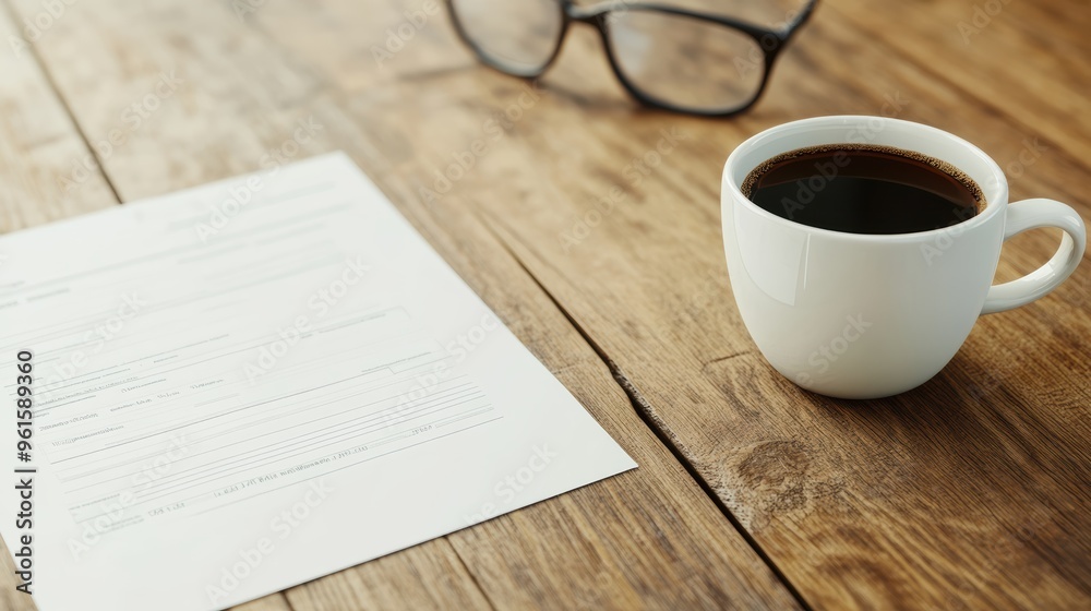 Business plan blueprint on a wooden desk with coffee and glasses, strategic planning concept, 3D illustration Business plan blueprint on a wooden desk with coffee and glasses, strategic planning concept, 3D illustration