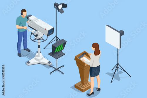 Isometric TV studio. Politician Addresses an Election Campaign Rally. Expert Talk Politics, Science, News, Entertainment. Show production maker.