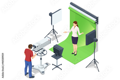 Isometric TV studio. Expert Talk Politics, Science, News, Entertainment. Show production maker.