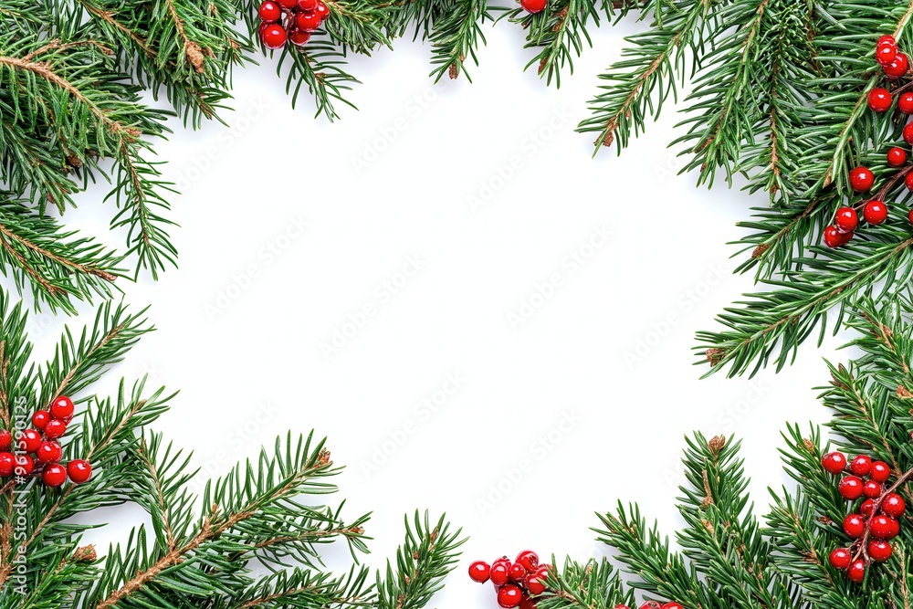 A simple and elegant frame made of green pine branches adorned with red berries. A simple and elegant frame made of green pine branches adorned with red berries.