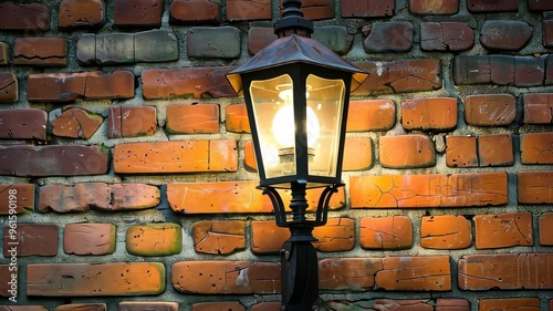 Vintage lantern on a brick wall, warm glow. Urban street decor concept
