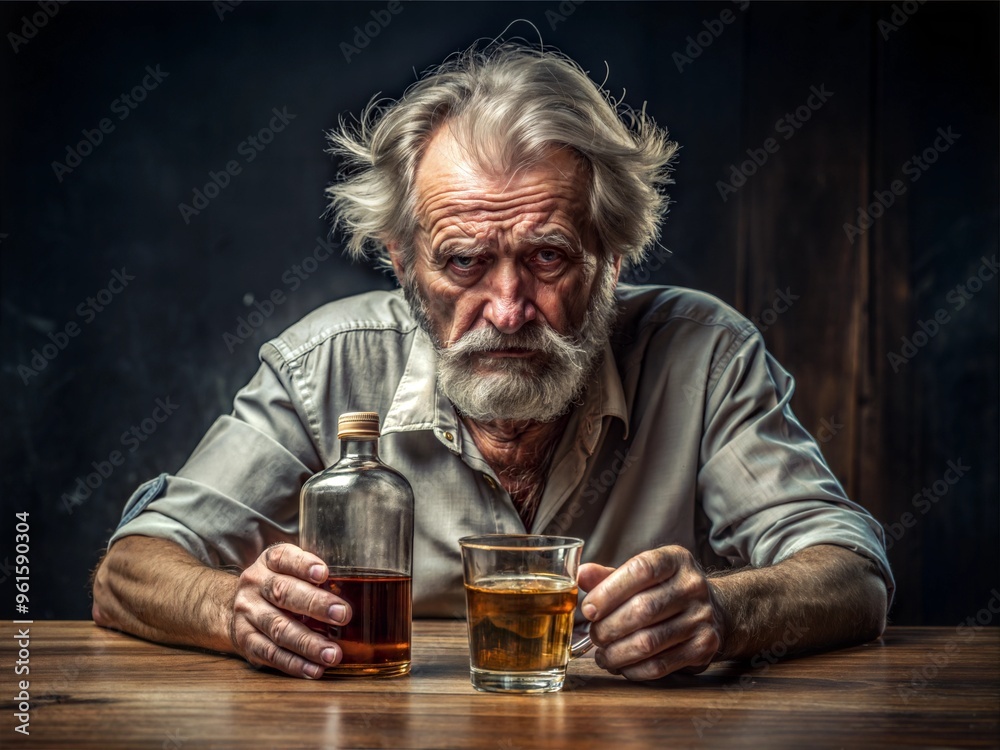 A drunk man sits in a dark room with a glass of alcoholic drink A drunk man sits in a dark room with a glass of alcoholic drink