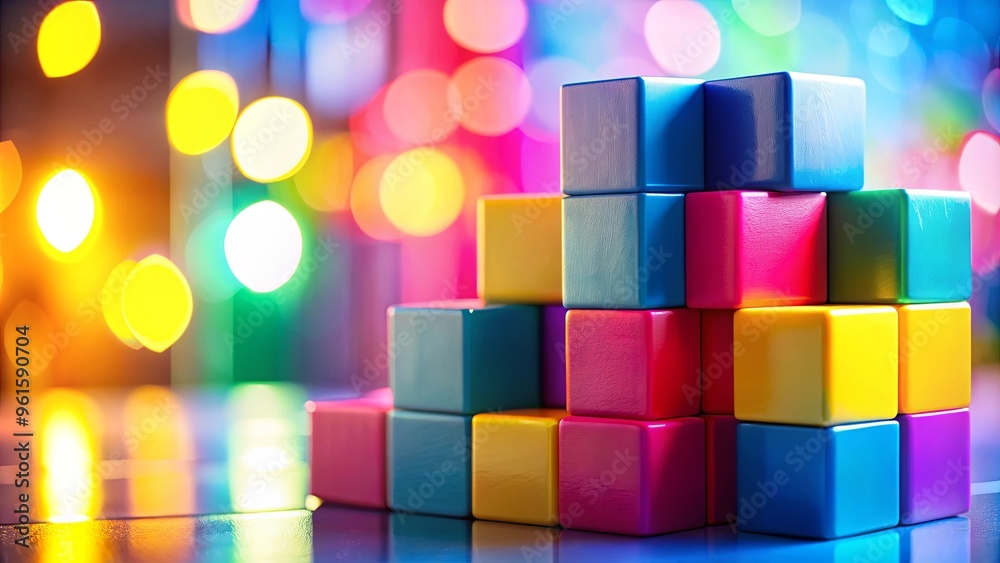 Vibrant color blocks in blue, pink, yellow, and red against softly blurred background Vibrant color blocks in blue, pink, yellow, and red against softly blurred background