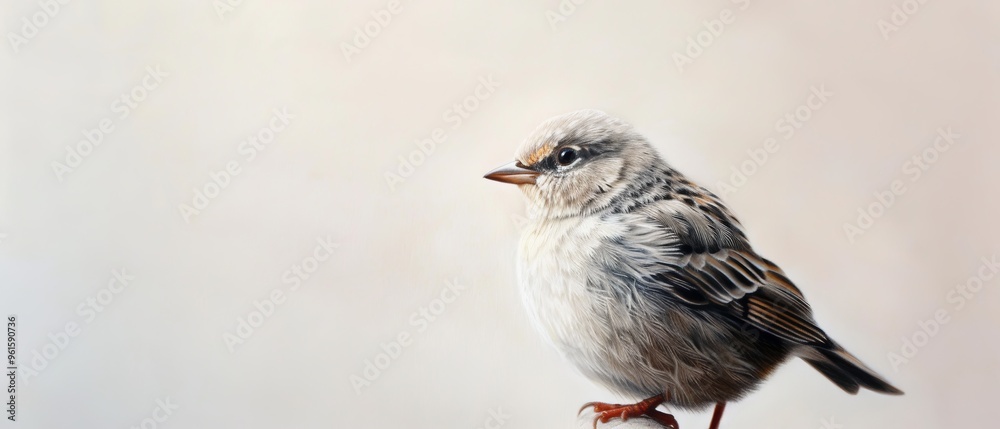 Fototapeta premium A small bird perches on a drab wooden plank against a blank, white wall with a light-toned backdrop