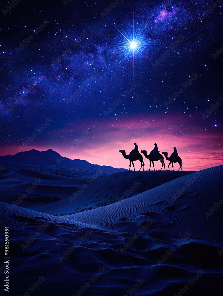 Naklejka premium The three wise men with their camels following the star through the desert