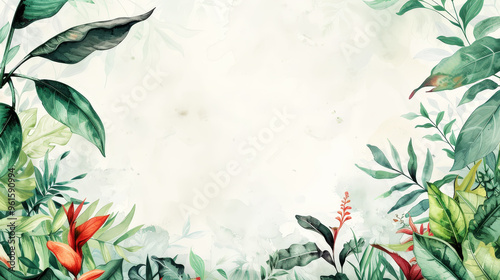 Aesthetic watercolor frame with green tropical leaves, copy space, light background, foliage template. Generative AI