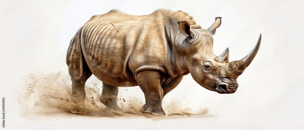 Fototapeta premium A rhinoceros drawing is depicted against a pristine white backdrop, with plumes of dust emanating from its form
