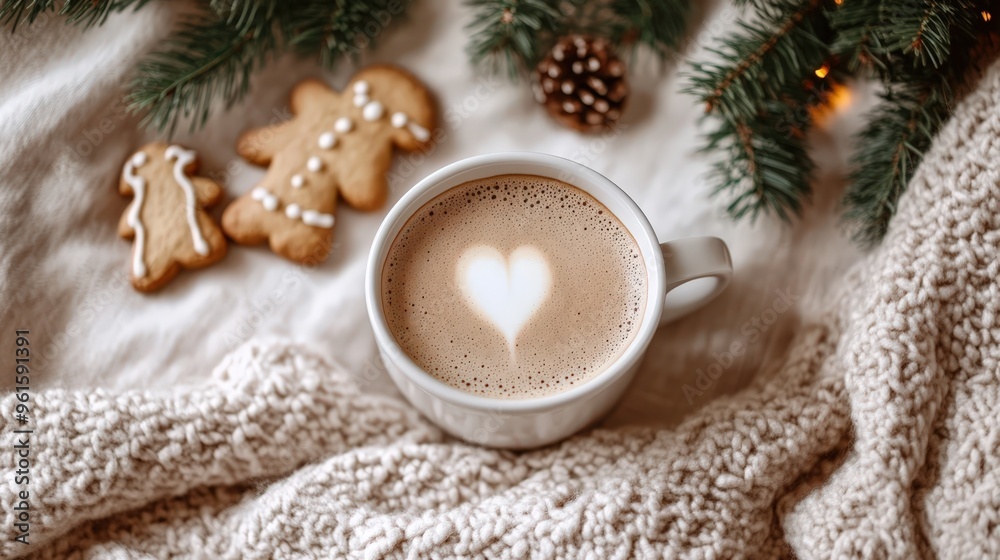 Cozy winter, cup of coffee, spruce branches, christmas gingerbread, soft blanket and garlands. Generative AI Cozy winter, cup of coffee, spruce branches, christmas gingerbread, soft blanket and garlands. Generative AI
