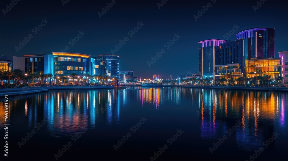 Fototapeta premium Festival City in Dubai at night, with the Hotel Crowne Plaza and Hotel Intercontinental glowing brightly, reflected in the waterfront.
