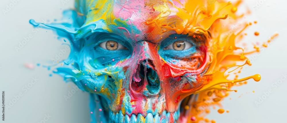 A tight shot of a face painted with vibrant hues, beside it, a skull's head A tight shot of a face painted with vibrant hues, beside it, a skull's head