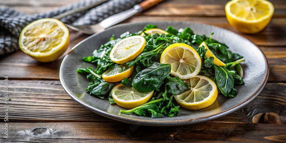 Dark leafy greens arranged on a plate with lemon slices, rich in vitamins, brain-boosting meal Dark leafy greens arranged on a plate with lemon slices, rich in vitamins, brain-boosting meal