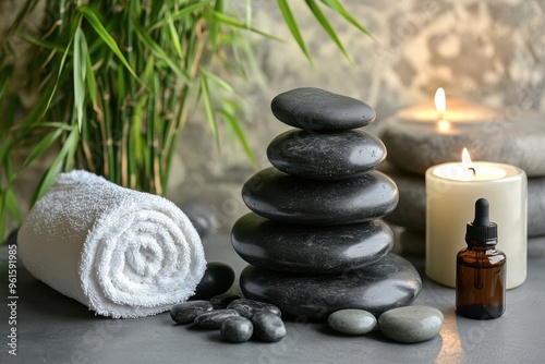 A spa setup featuring smooth black stones stacked on top of each other, surrounded by bamboo plants