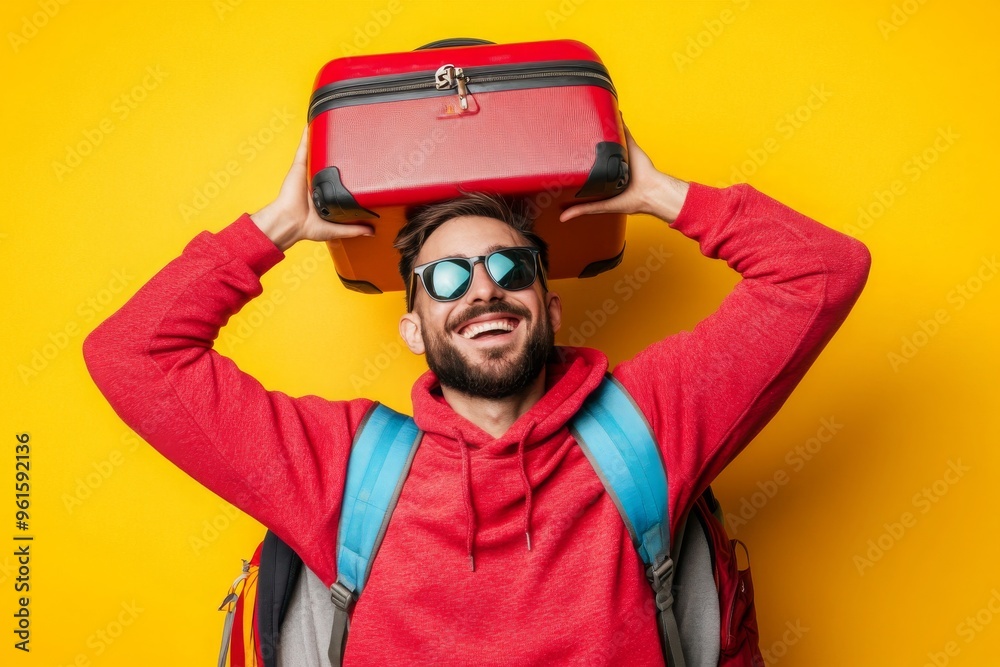Happy Traveler Holding Suitcase Above His Head Happy Traveler Holding Suitcase Above His Head