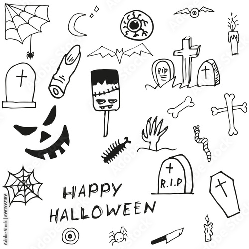 Sketch doodles Halloween set of stickers pictures icons
