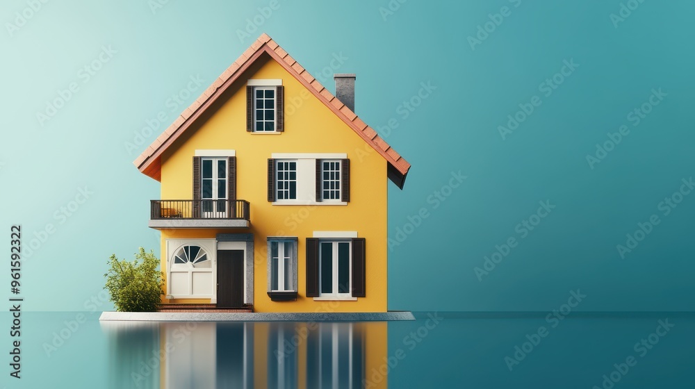 Yellow House with Brown Roof and Windows Reflecting in Blue Water Yellow House with Brown Roof and Windows Reflecting in Blue Water