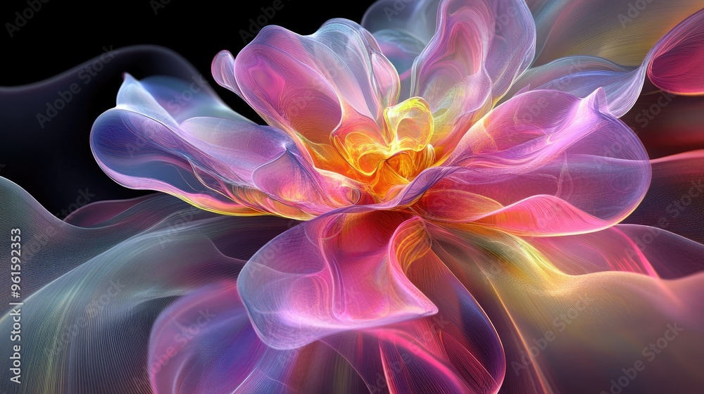 Obraz premium Futuristic 3D render of an alien flower with elegant curves and wavy lines in translucent pink, purple, and yellow.