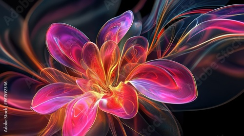 Futuristic 3D render of an alien flower with elegant curves and wavy lines in translucent pink, purple, and yellow.