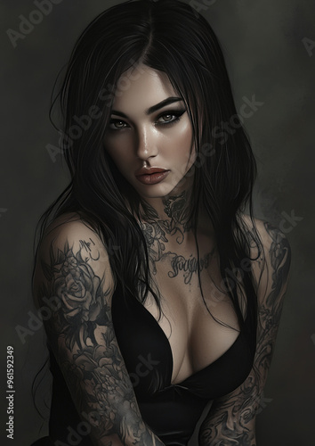 A woman with black hair and tattoos on her arm and neck is wearing a black dress