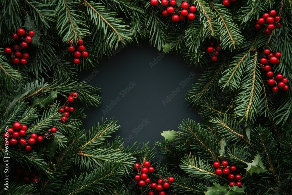 A square blank space bordered by lush green pine branches adorned A square blank space bordered by lush green pine branches adorned