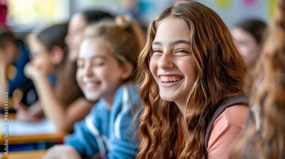 A lively classroom scene: a happy teenage girl with red curly hair and freckles surrounded by enthusiastic and diverse students, radiating joy and positivity. A lively classroom scene: a happy teenage girl with red curly hair and freckles surrounded by enthusiastic and diverse students, radiating joy and positivity.