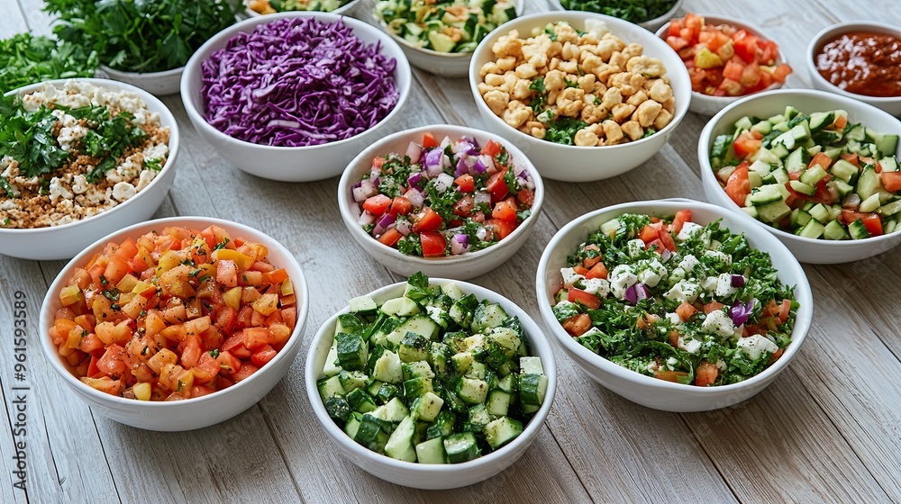An assortment of refreshing salads, including Greek and coleslaw, laid out on a light grey wooden floor, showcasing the vibrant colors and textures of the ingredients An assortment of refreshing salads, including Greek and coleslaw, laid out on a light grey wooden floor, showcasing the vibrant colors and textures of the ingredients