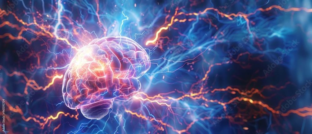 Detailed visualization of a human brain in grayscale transitioning to blue, surrounded by electric currents in blue and red, resembling active neurons and synapses against a black background. Detailed visualization of a human brain in grayscale transitioning to blue, surrounded by electric currents in blue and red, resembling active neurons and synapses against a black background.