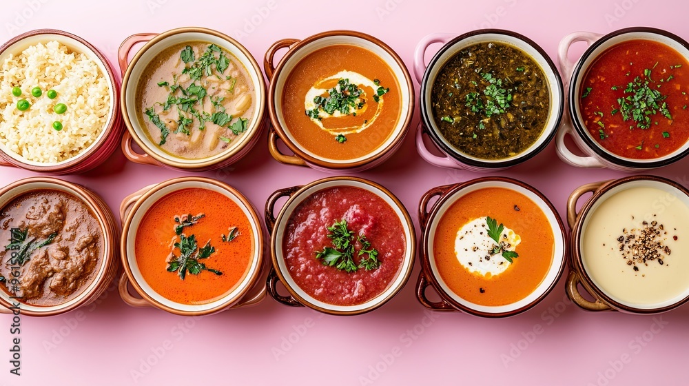 A variety of hearty soups and stews, including minestrone and beef bourguignon, presented on a gradient pastel background, highlighting the richness and warmth of the dishes A variety of hearty soups and stews, including minestrone and beef bourguignon, presented on a gradient pastel background, highlighting the richness and warmth of the dishes