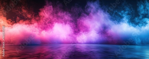 A vibrant scene featuring colorful fog reflecting on water, evoking a dreamlike atmosphere and artistic inspiration.