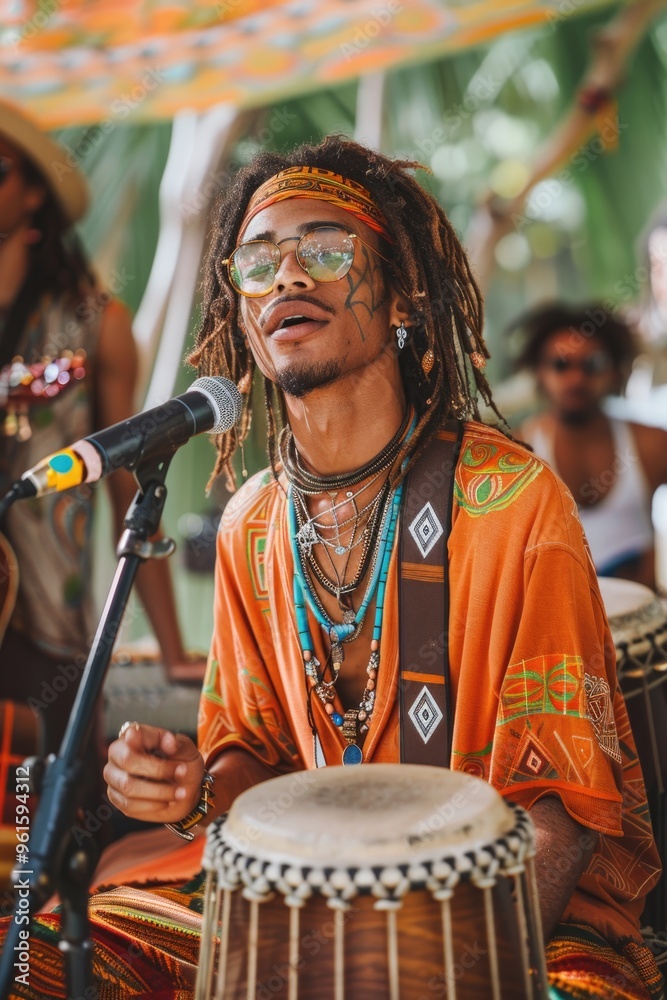 Fototapeta premium Vibrant Outdoor Performance of a Talented Musician with Traditional Attire and Drum