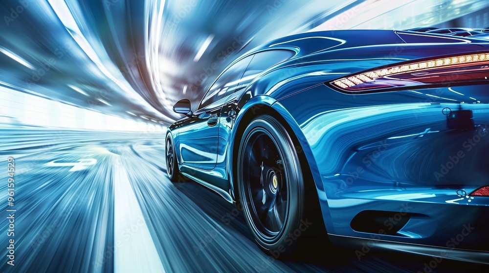 blue car rushing along high-speed highway, rear view of business vehicle in turn, fast driving and acceleration on modern road, dynamic automotive performance blue car rushing along high-speed highway, rear view of business vehicle in turn, fast driving and acceleration on modern road, dynamic automotive performance