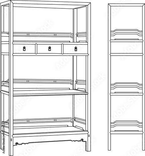 Vector sketch illustration of the silhouette of a furniture design, table, chair, cupboard, full of ornate ornaments, vintage classic ethnic traditional Chinese carvings 