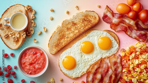 An array of breakfast foods, including eggs, bacon, and toast, set against a gradient pastel background, capturing the warmth and comfort of a hearty morning meal