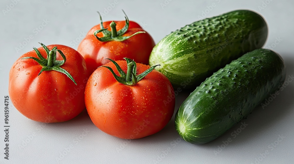Freshly picked vegetables, including tomatoes and cucumbers, arranged on a light grey background, their vibrant colors and crisp textures creating an appealing visual Freshly picked vegetables, including tomatoes and cucumbers, arranged on a light grey background, their vibrant colors and crisp textures creating an appealing visual