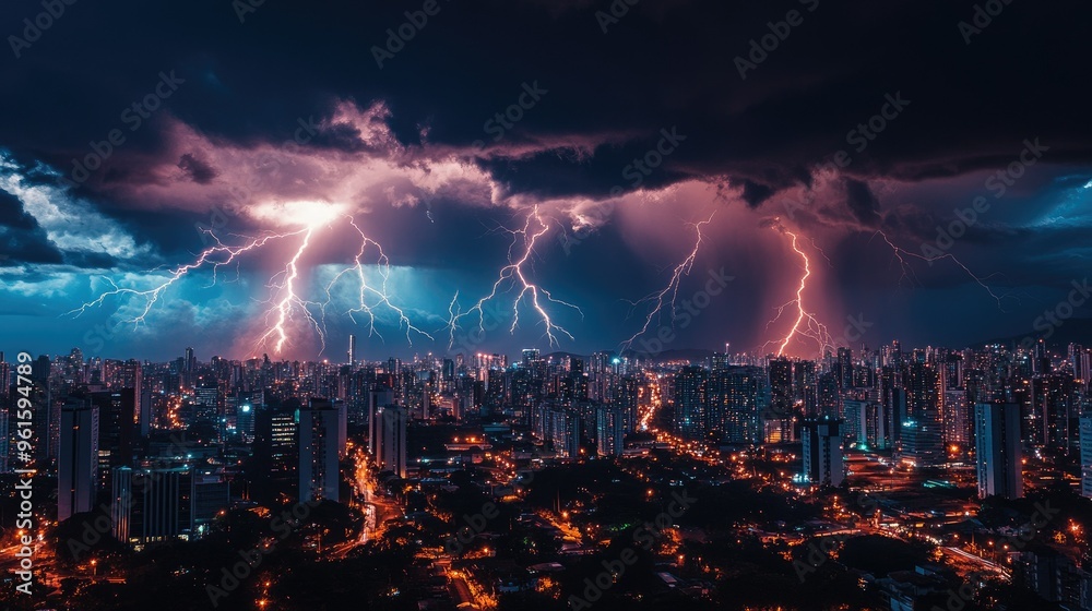 Fototapeta premium Lightning storm over Maring with bolts striking across the city, showcasing the power of nature against the urban backdrop