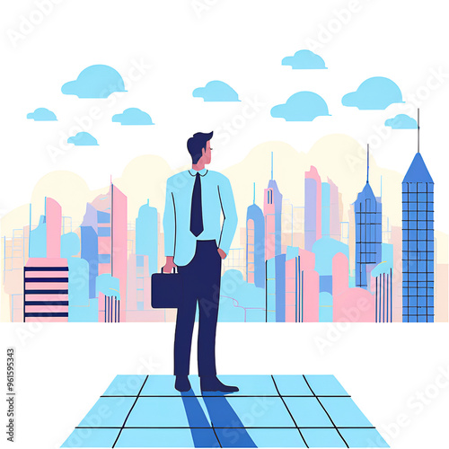 Successful businessmen and women standing with arms crossed looking at each other and city in the background.