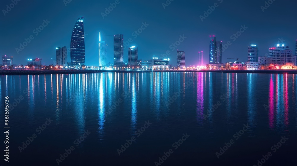 Fototapeta premium Manama skyline at night featuring the glowing Four Seasons and Hilton Hotels, with their lights reflecting in the nearby water.