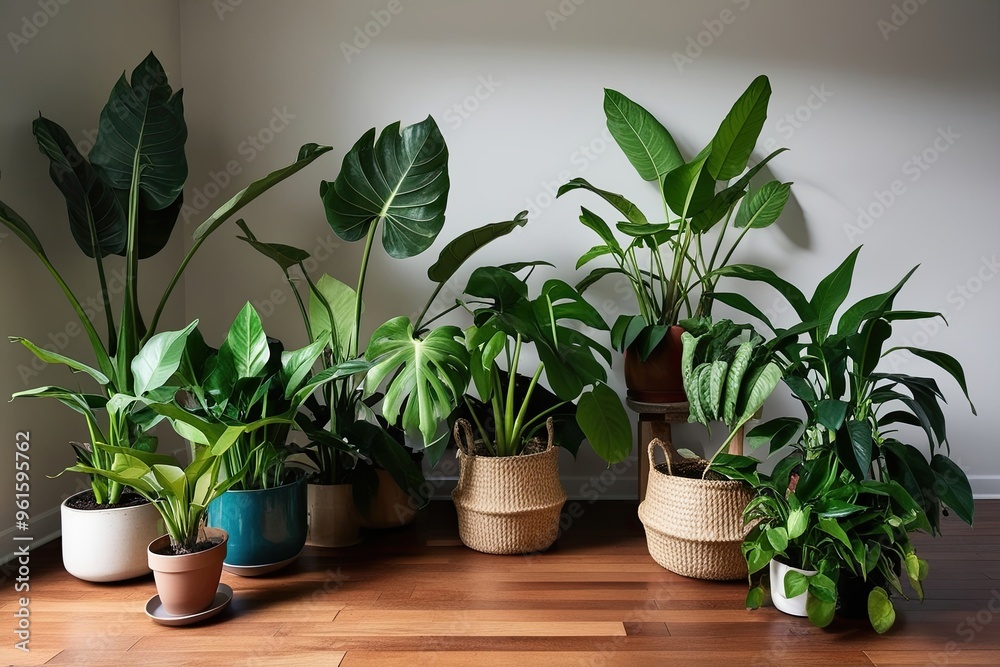 Fototapeta premium Vibrant Indoor Plant Arrangement Featuring Fiddle Leaf Fig Palm Monstera Pothos and Rubber Plant