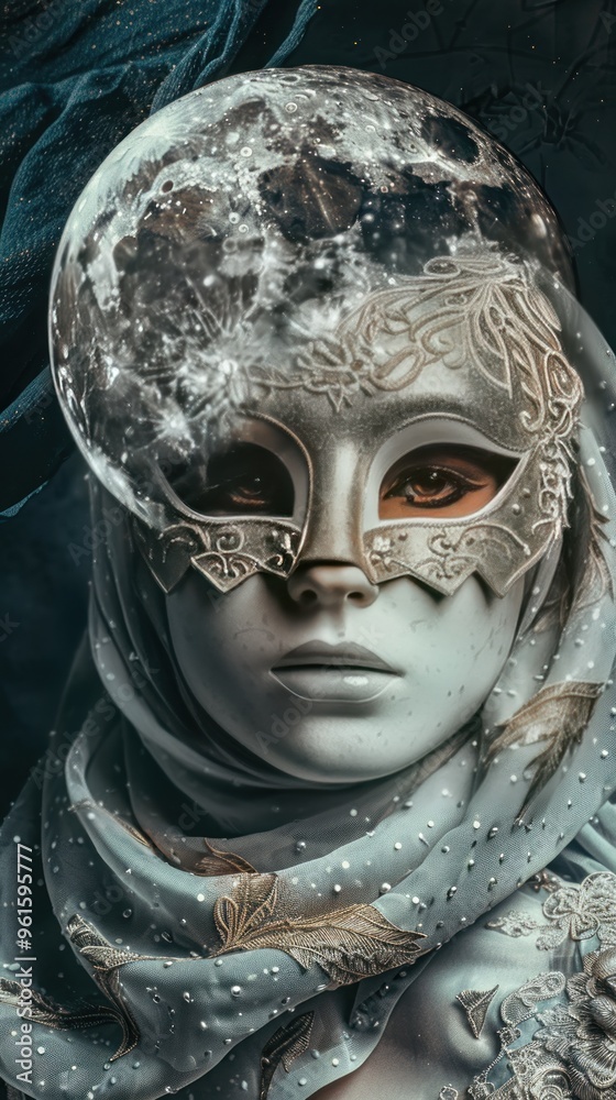 Woman with Moon Mask and Embroidered Fabric. Woman with Moon Mask and Embroidered Fabric.