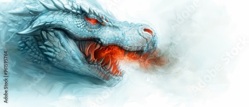  A tight shot of a dragon's head emitting a scarlet light from its maw against a pristine white backdrop photo