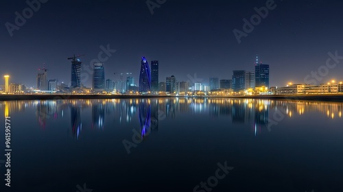 Manama city lights illuminating the night sky, with Bahrain Bay reflecting the stunning skyline in a peaceful night scene.