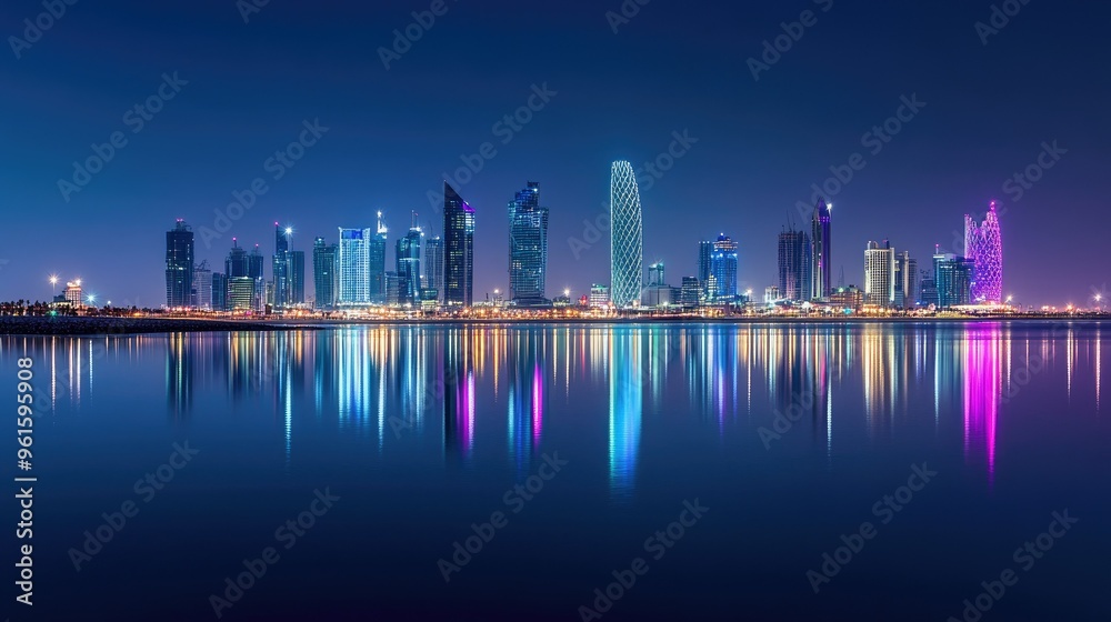 Fototapeta premium Manama's skyline at night, featuring the illuminated Four Seasons and Hilton Hotels, with reflections shimmering in the bay.