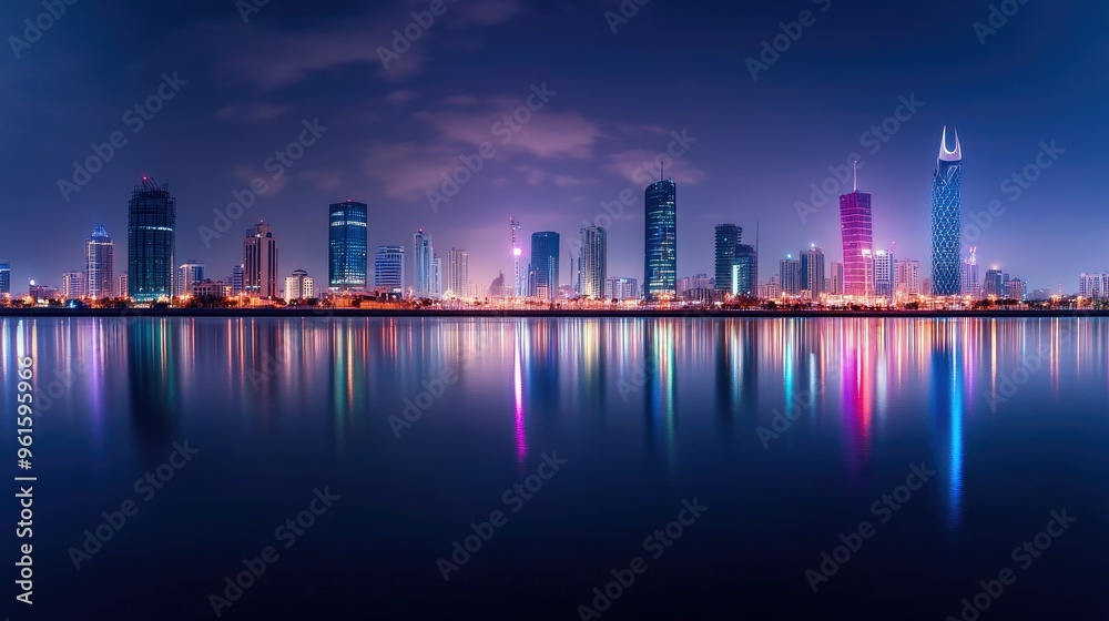 Manama's skyline glowing under the night sky, with Bahrain Bay reflecting the lights, showcasing the city modern architecture. Manama's skyline glowing under the night sky, with Bahrain Bay reflecting the lights, showcasing the city modern architecture.